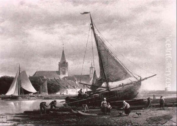 Landschaftsstuck Mit Fischerboot Am Strand Oil Painting by Johan Adolph Rust