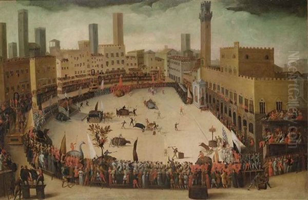 A Bullfight Between The Contradein The Piazza Del Campo, Siena Oil Painting by Vincenzo Rustici