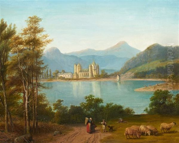 Maria Laach Abbey Oil Painting by Heinrich Franz Gaudenz von Rustige