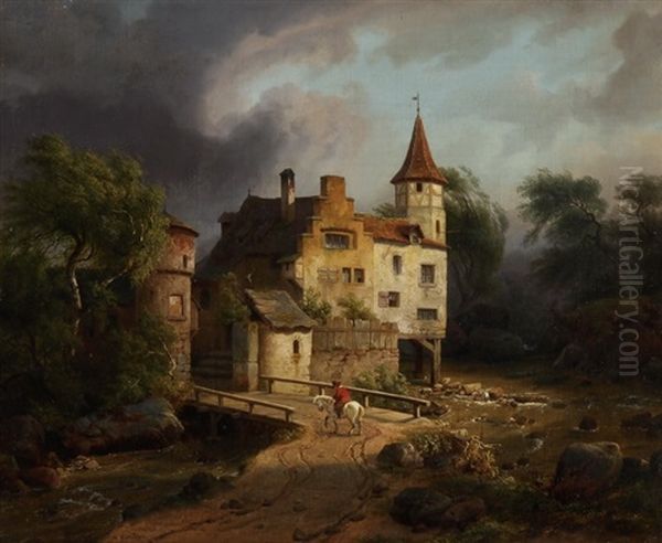 Reiter Auf Schimmel Vor Brucke Und Schloss Oil Painting by Heinrich Franz Gaudenz von Rustige