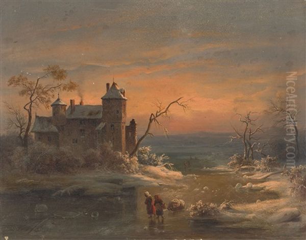 Abendliche Winterlandschaft Mit Zwei Frauen Auf Dem Eis Oil Painting by Heinrich Franz Gaudenz von Rustige