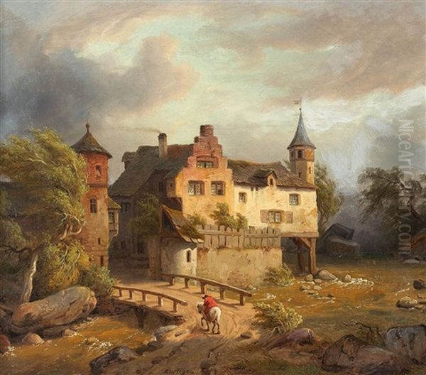 Dorf An Einem Fluss Oil Painting by Heinrich Franz Gaudenz von Rustige