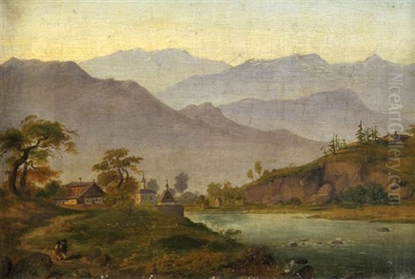 Tuscan Landscape Oil Painting by Heinrich Franz Gaudenz von Rustige