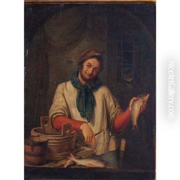 Fishmonger Oil Painting by Heinrich Franz Gaudenz von Rustige