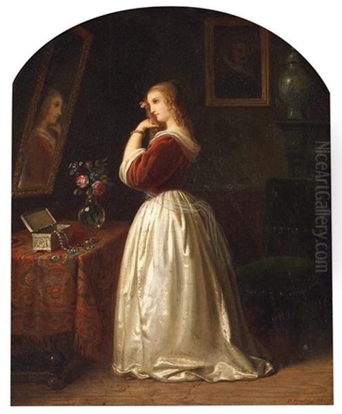 Bei Der Toilette. Junge Dame Vor Einem Spiegel Im Boudoir, Ihr Haar Frisierend Oil Painting by Heinrich Franz Gaudenz von Rustige