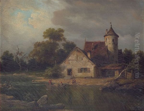 Fluslandschaft Mit Bauerngehoft Oil Painting by Heinrich Franz Gaudenz von Rustige