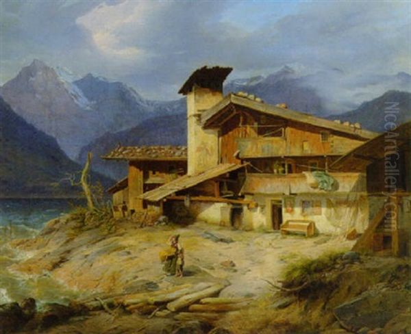 Bauerngehoft Am Ufer Des Gebirgssees Oil Painting by Heinrich Franz Gaudenz von Rustige