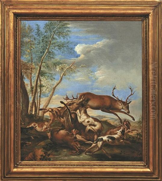 Hirschjagd Oil Painting by Carl Borromaus Andreas Ruthart