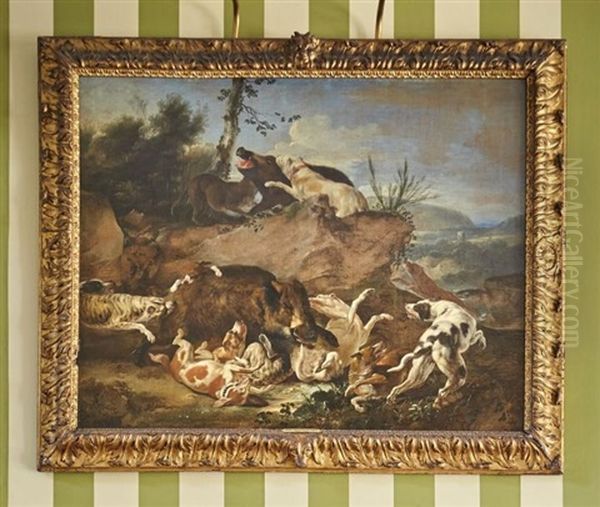 Combat Entre Un Grand Sanglier Et Une Meute De Chiens Oil Painting by Carl Borromaus Andreas Ruthart