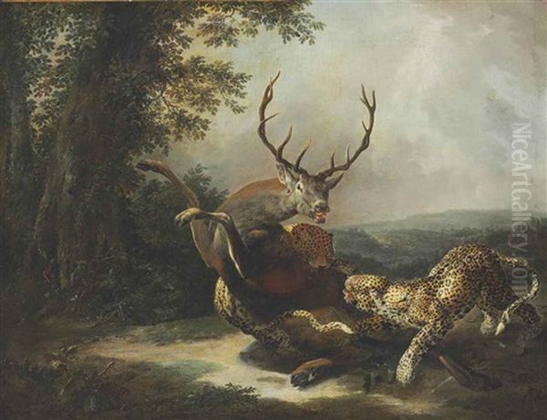 A Leopard Attacking A Stag In A Landscape Oil Painting by Carl Borromaus Andreas Ruthart