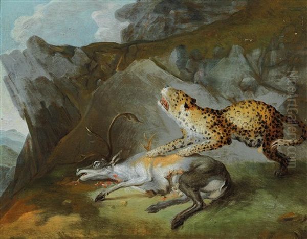 A Leopard And A Killed Stag Oil Painting by Carl Borromaus Andreas Ruthart