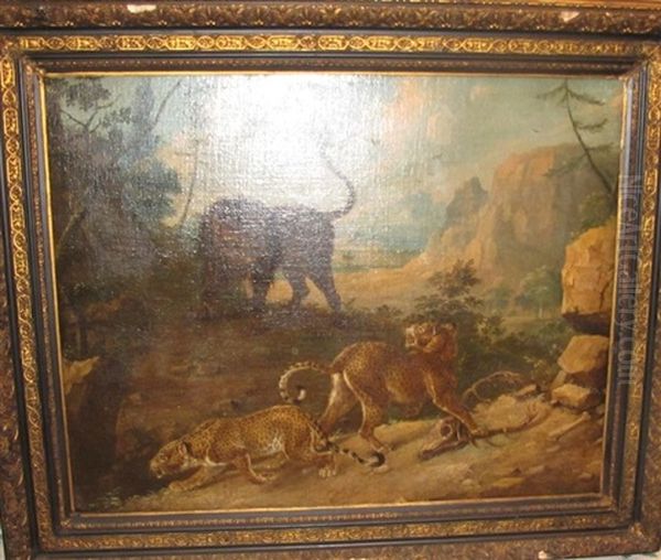 Lion Et Deux Leopards Oil Painting by Carl Borromaus Andreas Ruthart