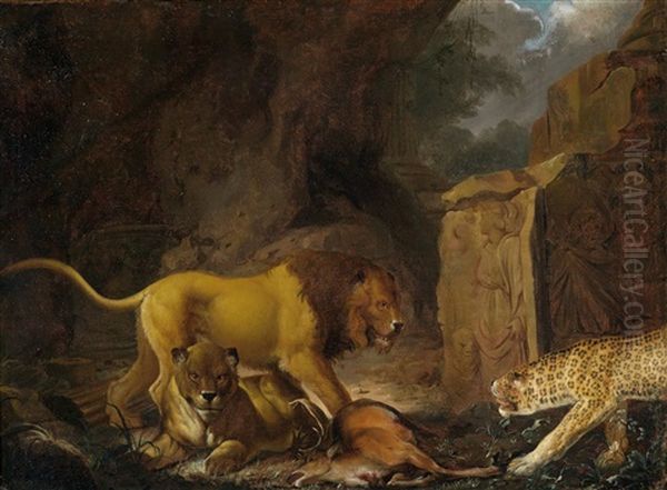 Ein Lowe Mit Seiner Beute Und Ein Leopard Oil Painting by Carl Borromaus Andreas Ruthart