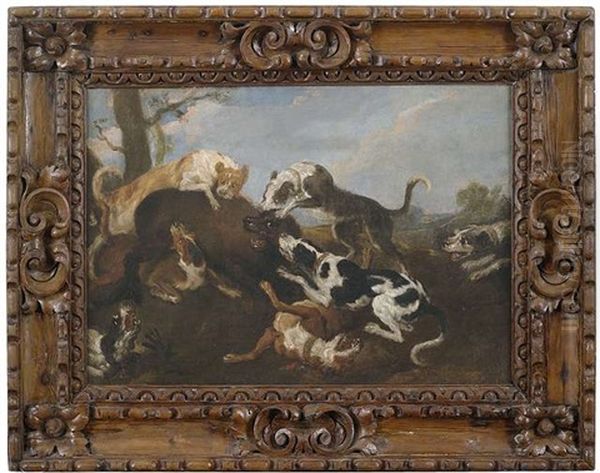 Jagdhunde Auf Barenjagd Oil Painting by Carl Borromaus Andreas Ruthart