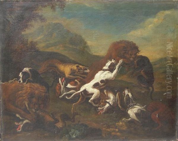 Lion Attaque Par Des Chiens Oil Painting by Carl Borromaus Andreas Ruthart