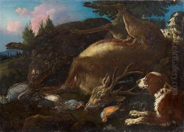 Jagdstuck Mit Erlegtem Rotwild, Wildschwein Und Singvogeln Oil Painting by Carl Borromaus Andreas Ruthart