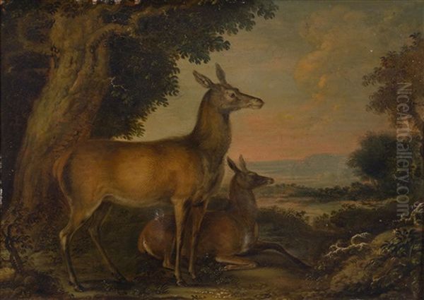 Zwei Rehe In Einer Landschaft; Jagdszene Mit Hirsch Und Hunde Oil Painting by Carl Borromaus Andreas Ruthart