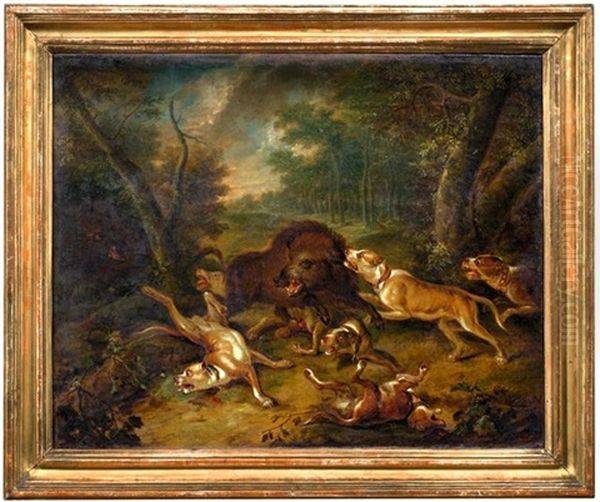 Hunde Greifen Wildschweine An (+ Eine Hundemeute Attackiert Zwei Baren; Pair) Oil Painting by Carl Borromaus Andreas Ruthart