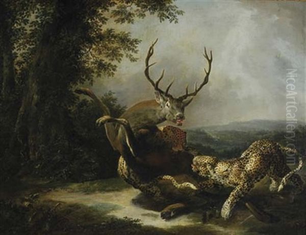 Leopards Attacking A Stag Oil Painting by Carl Borromaus Andreas Ruthart