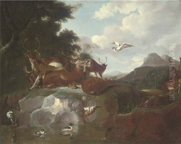 A River Landscape With Deer, A Rabbit And An Elk Resting On A Bank, A Porcupine In A Gully And Ducks And A Heron In A Pond Oil Painting by Carl Borromaus Andreas Ruthart