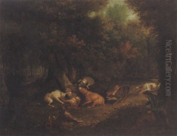 A Wooded Landscape With Dogs Attacking A Boar Oil Painting by Carl Borromaus Andreas Ruthart