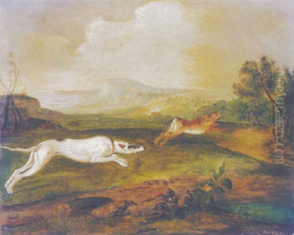 A Dog Chasing A Hare In A Landscape Oil Painting by Carl Borromaus Andreas Ruthart