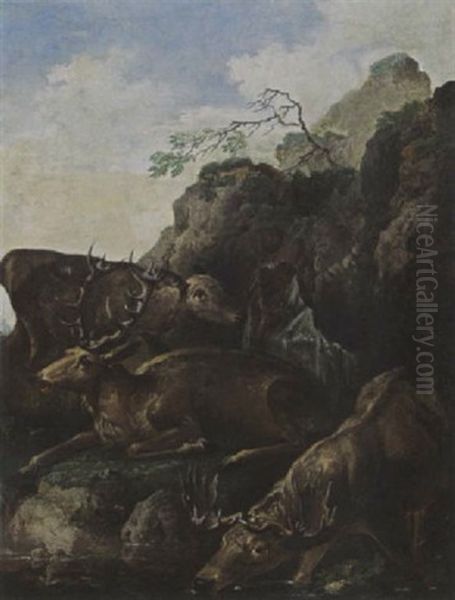 An Elk Drinking And Two Deer Resting By A Waterfall Oil Painting by Carl Borromaus Andreas Ruthart