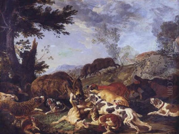 La Chasse Au Sanglier Oil Painting by Carl Borromaus Andreas Ruthart