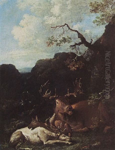 An Elk, An Albino Stag And A Deer Resting Under A Tree In A Mountainous Wooded Landscape Near A Waterfall Oil Painting by Carl Borromaus Andreas Ruthart