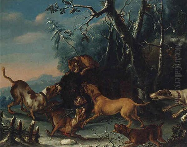 Hounds Attacking A Boar Oil Painting by Carl Borromaus Andreas Ruthart