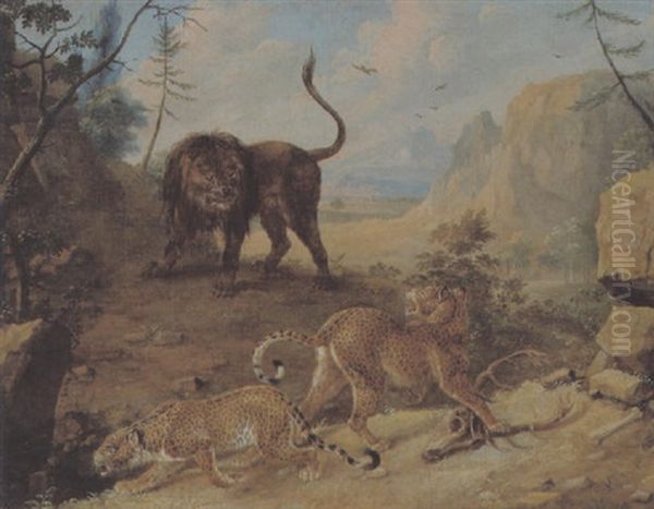 Zwei Leoparden Und Ein Lowe In Einer Landschaft Oil Painting by Carl Borromaus Andreas Ruthart