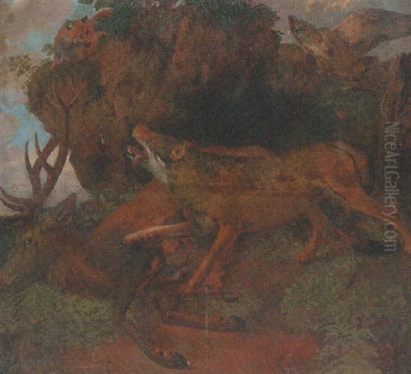 A Wolf With A Dead Stag, Fox And Eagle On A Outcrop Oil Painting by Carl Borromaus Andreas Ruthart