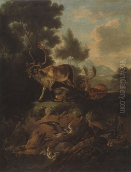 A Stag, Two Hinds And Herons On A River Bank In A Mountainous Landscape Oil Painting by Carl Borromaus Andreas Ruthart