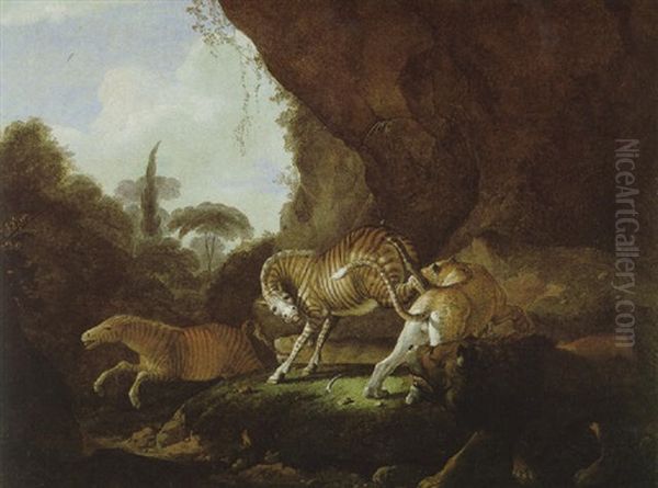 Kampf Zwischen Einem Leoparden Und Einem Zebra In Einer Waldlandschaft Oil Painting by Carl Borromaus Andreas Ruthart