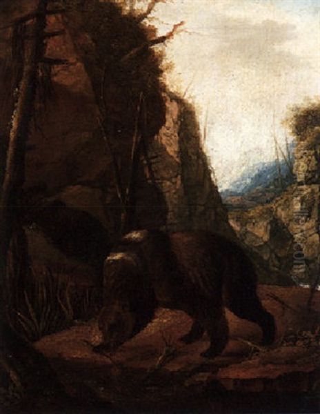 A Mountainous Landscape With Bears Oil Painting by Carl Borromaus Andreas Ruthart