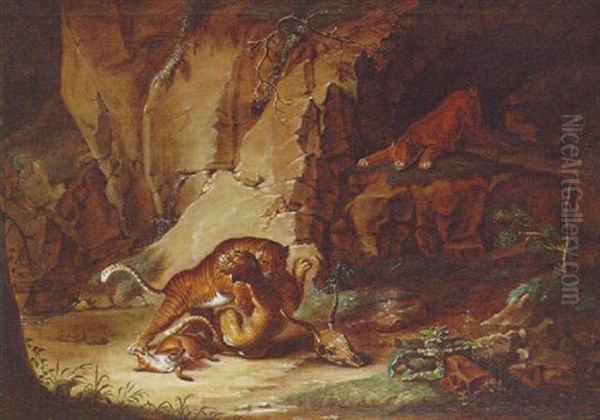 A Tiger Fighting A Leopard Over A Dead Fox In A Rocky Cavern With A Puma Looking On Oil Painting by Carl Borromaus Andreas Ruthart