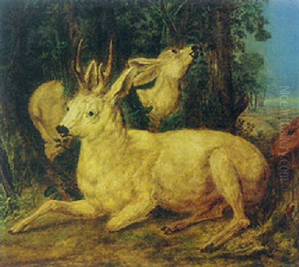 A Stag And A Faun In A Landscape Oil Painting by Carl Borromaus Andreas Ruthart