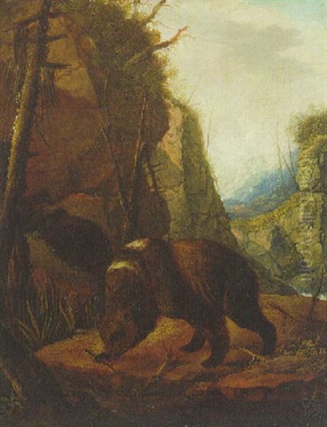 Bears In A Rocky Wooded Landscape Oil Painting by Carl Borromaus Andreas Ruthart