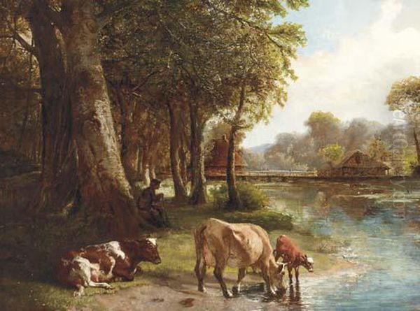 Cows Watering By The Rivers Edge by John William Bottomley