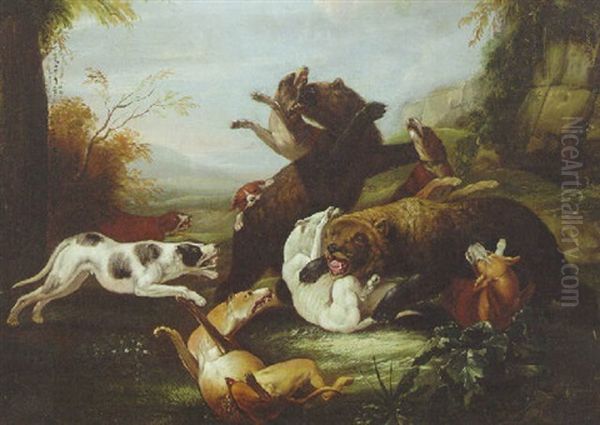 Hounds Attacking Bears In A Landscape Oil Painting by Carl Borromaus Andreas Ruthart