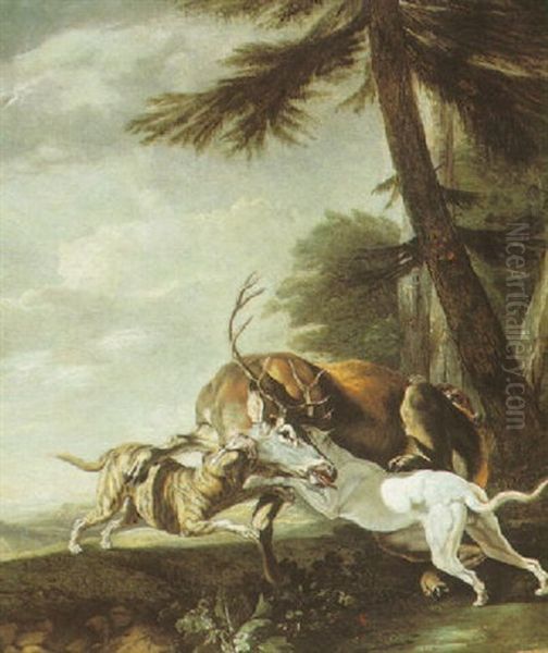 Hounds Bringing Down A Stag In A Landscape by Carl Borromaus Andreas Ruthart