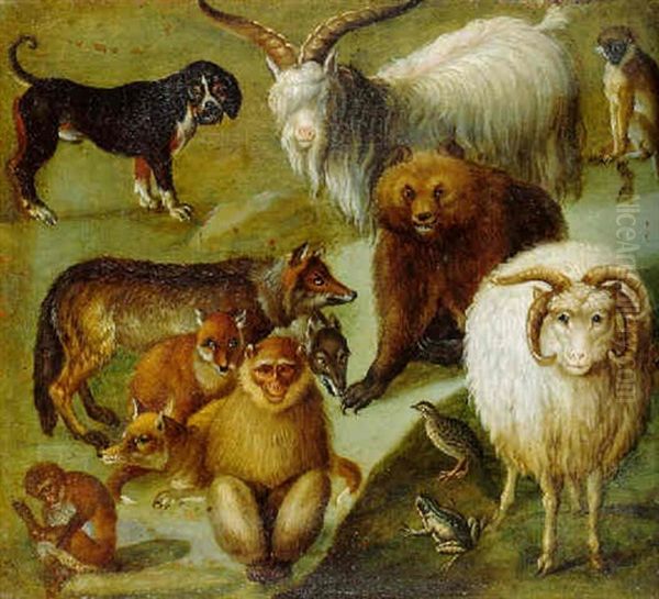 A Dog, Goat, Monkeys, Foxes, Bear, Frog, Swine, And A Ram Oil Painting by Carl Borromaus Andreas Ruthart