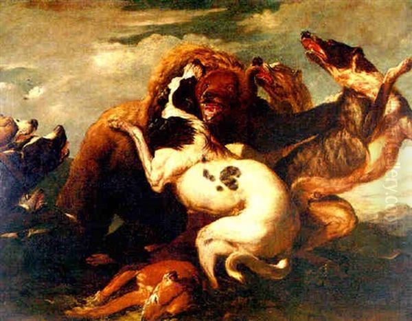 Jauria De Perros Atacando A Un Oso Oil Painting by Carl Borromaus Andreas Ruthart