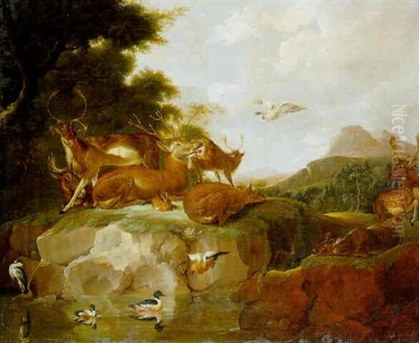 Animals Resting On A Bank, A Porcupine In A Gully And Ducks And A Heron In A Pond Oil Painting by Carl Borromaus Andreas Ruthart