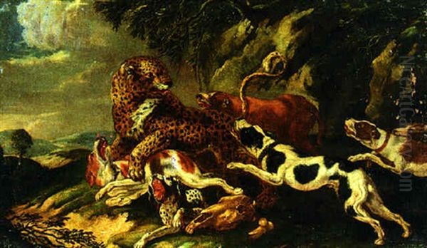 Hounds Attacking A Leopard Oil Painting by Carl Borromaus Andreas Ruthart