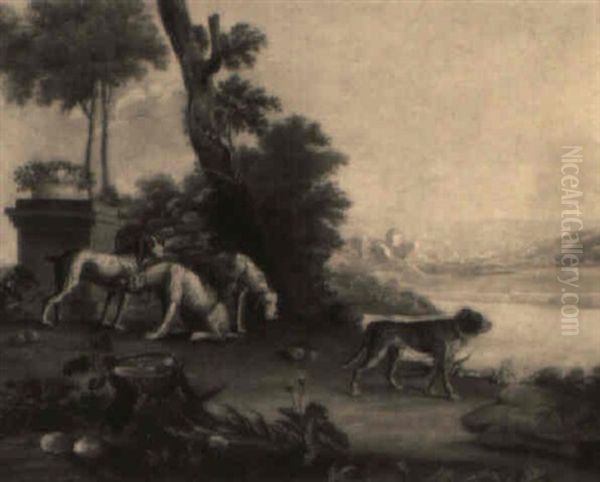 Guard Dogs And Hounds By Classical Ruins In Italianate Landscapes Oil Painting by Carl Borromaus Andreas Ruthart