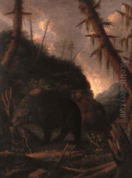 A Bear In A Mountainous Landscape Oil Painting by Carl Borromaus Andreas Ruthart