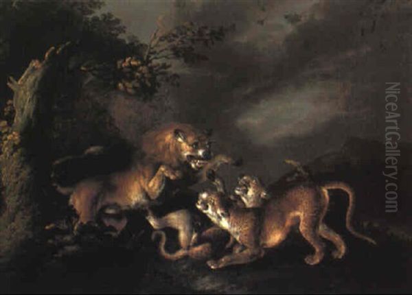 Lion Attacking, Two Leopards Oil Painting by Carl Borromaus Andreas Ruthart