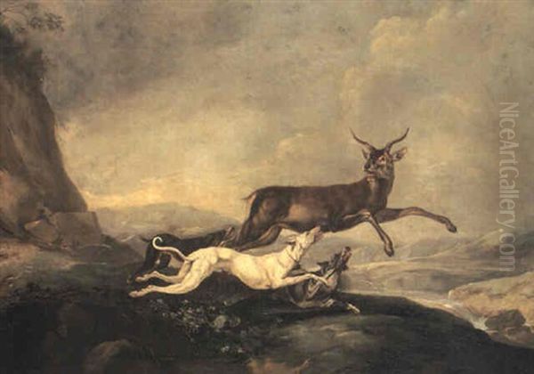 Hounds Attacking A Stag In A Mountainous Landscape Oil Painting by Carl Borromaus Andreas Ruthart