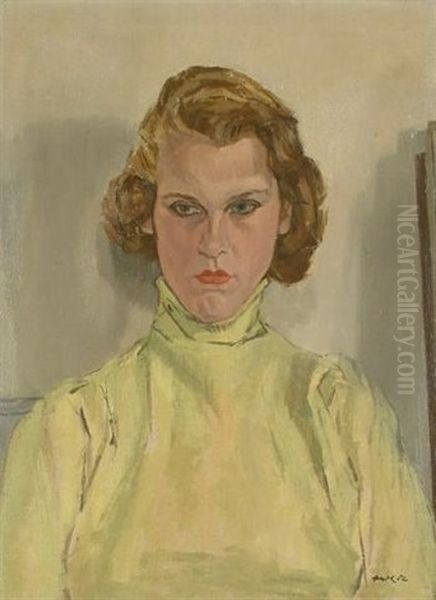 Portrait Of A Lady In A Yellow Top Oil Painting by Albert Daniel Rutherston